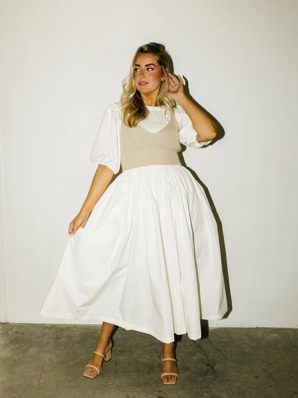 White Puff-Sleeve Midi Dress with Beige Knit Bodice - Picture 7 of 16